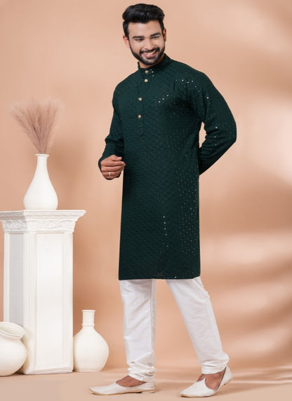 Green Rayon Men's Kurta Pajama With Sequins Work