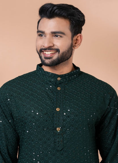 Green Rayon Men's Kurta Pajama With Sequins Work