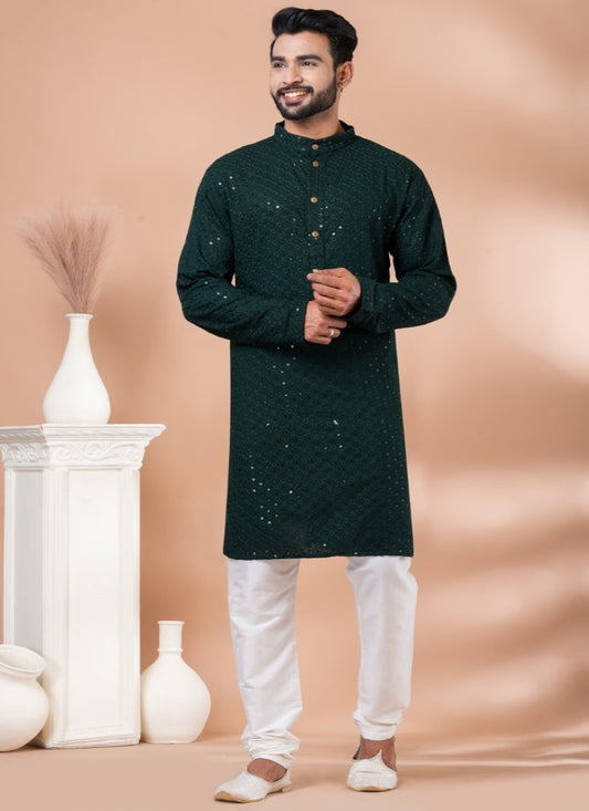 Green Rayon Men's Kurta Pajama With Sequins Work