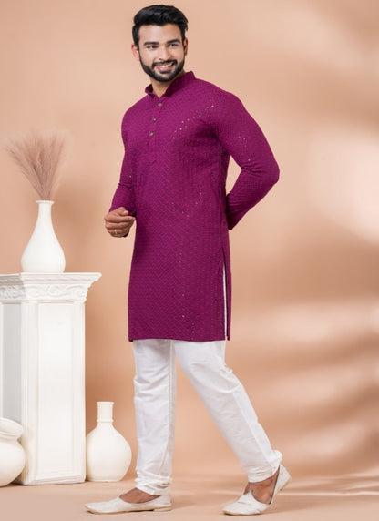 Magenta Rayon Men's Kurta Pajama With Sequins Work