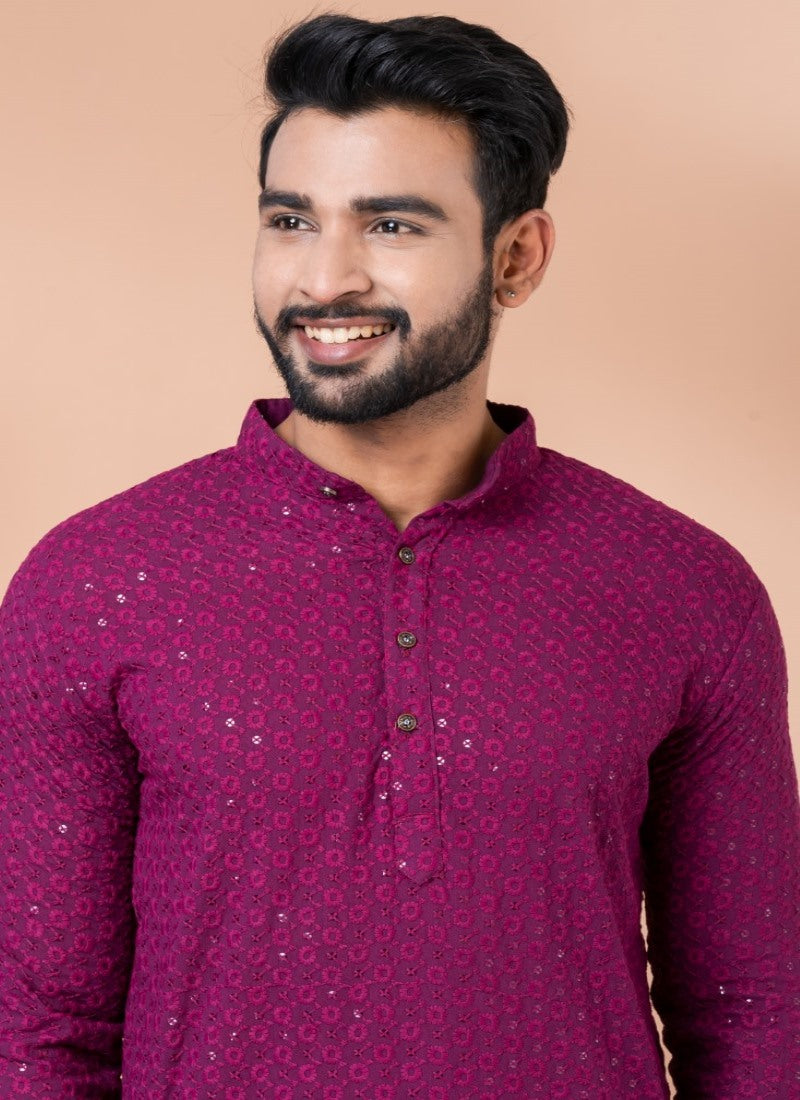 Magenta Rayon Men's Kurta Pajama With Sequins Work