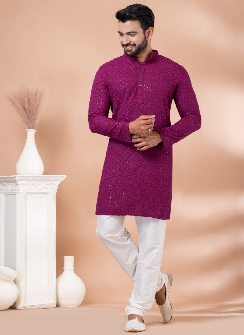 Magenta Rayon Men's Kurta Pajama With Sequins Work