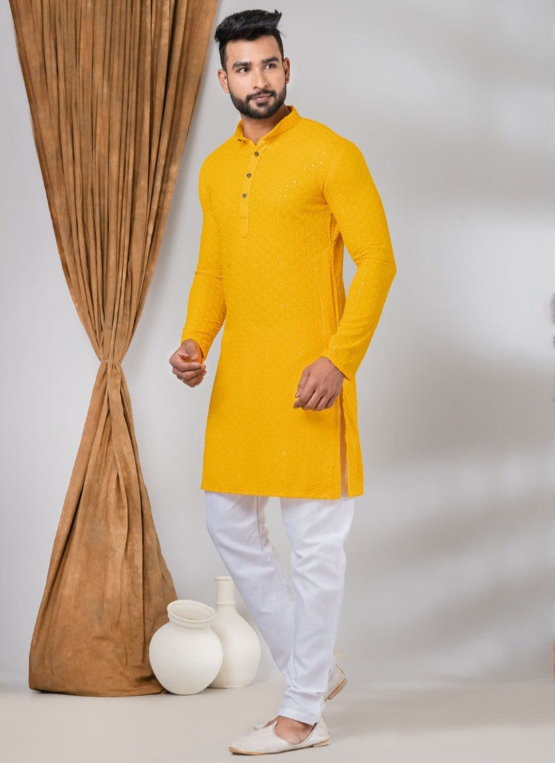 Mustard Rayon Men's Kurta Pajama With Sequins Work