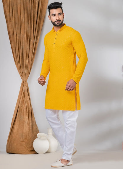 Mustard Rayon Men's Kurta Pajama With Sequins Work