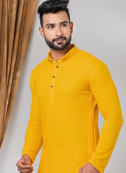 Mustard Rayon Men's Kurta Pajama With Sequins Work