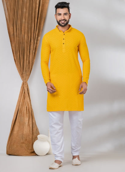 Mustard Rayon Men's Kurta Pajama With Sequins Work