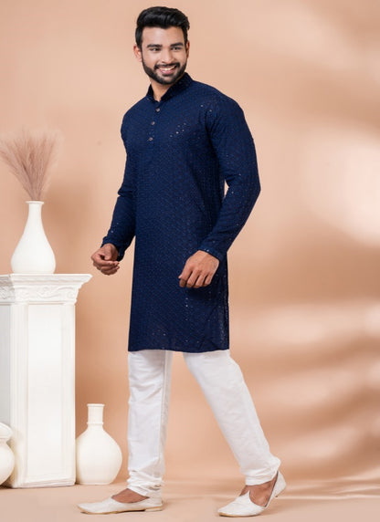 Navy Blue Rayon Men's Kurta Pajama With Sequins Work