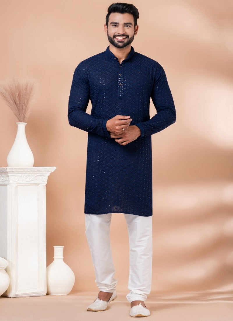 Navy Blue Rayon Men's Kurta Pajama With Sequins Work