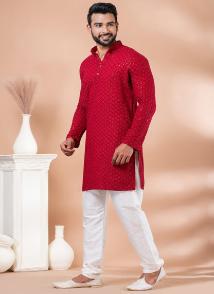 Red Rayon Men's Kurta Pajama With Sequins Work