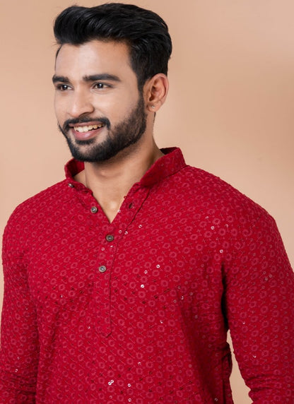 Red Rayon Men's Kurta Pajama With Sequins Work