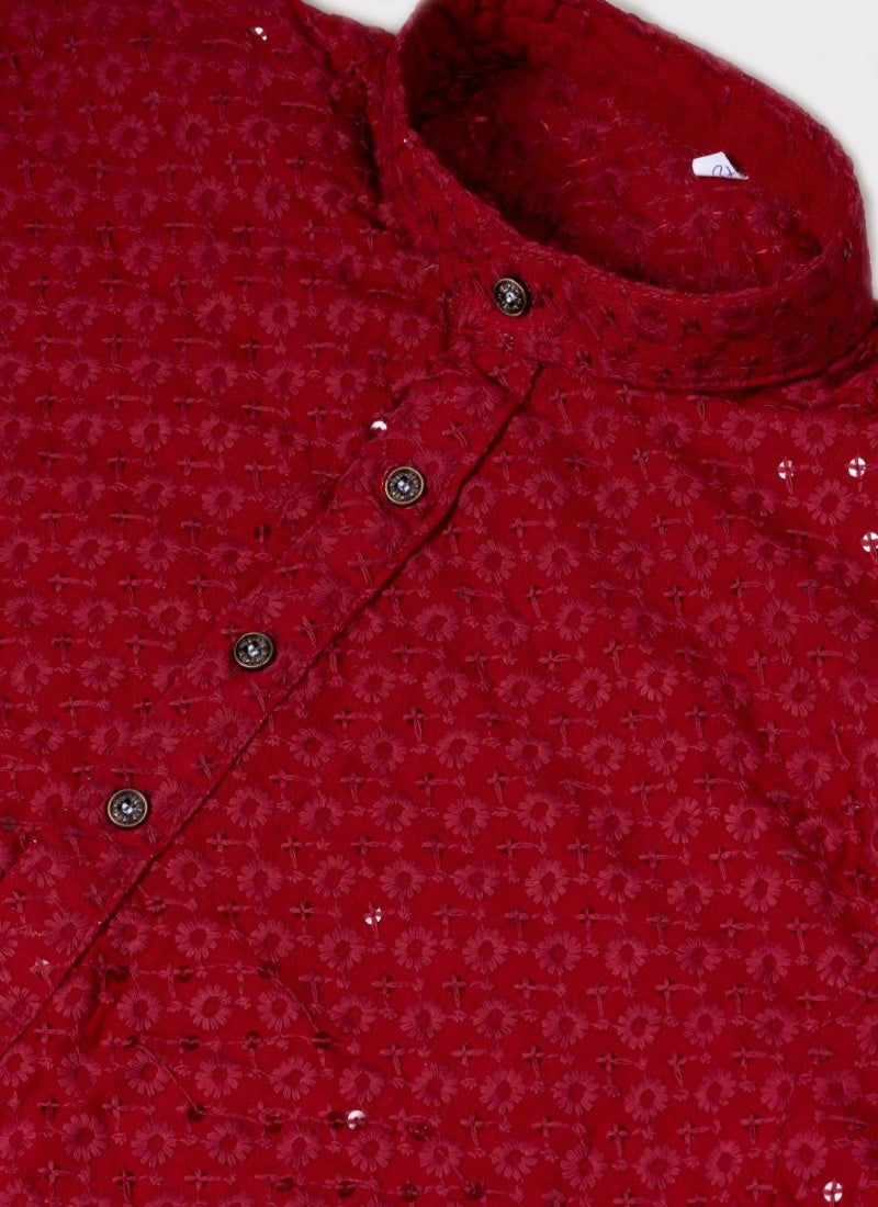 Red Rayon Men's Kurta Pajama With Sequins Work