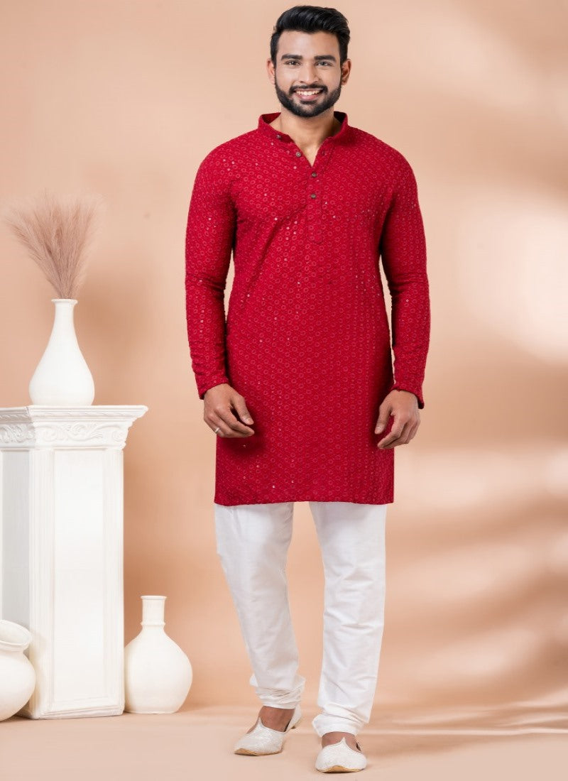 Red Rayon Men's Kurta Pajama With Sequins Work