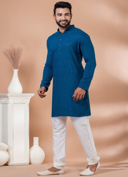 Teal Blue Rayon Men's Kurta Pajama With Sequins Work