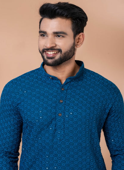 Teal Blue Rayon Men's Kurta Pajama With Sequins Work