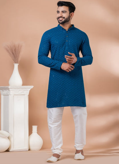 Teal Blue Rayon Men's Kurta Pajama With Sequins Work