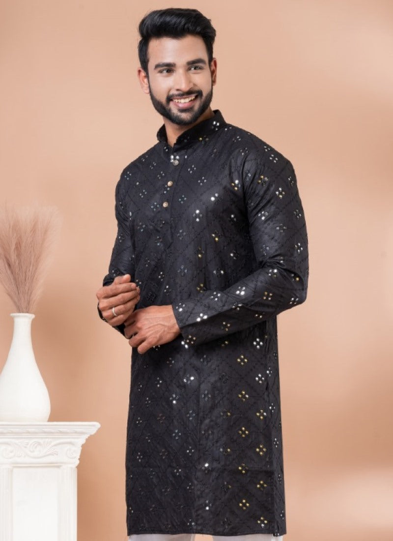 Black Cotton Men's Kurta Pajama With Mirror & Sequins Work