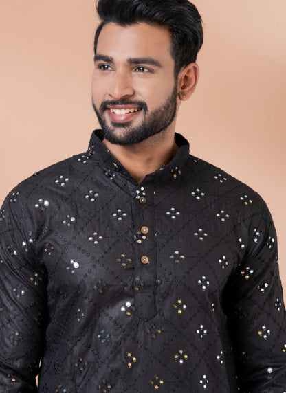 Black Cotton Men's Kurta Pajama With Mirror & Sequins Work