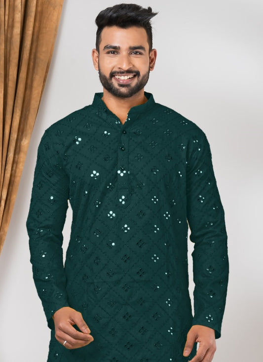 Green Cotton Men's Kurta Pajama With Mirror & Sequins Work