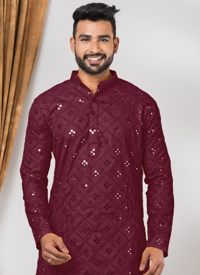 Maroon Cotton Men's Kurta Pajama With Mirror & Sequins Work