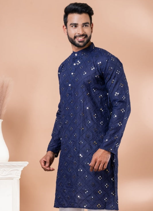 Navy Blue Cotton Men's Kurta Pajama With Mirror & Sequins Work