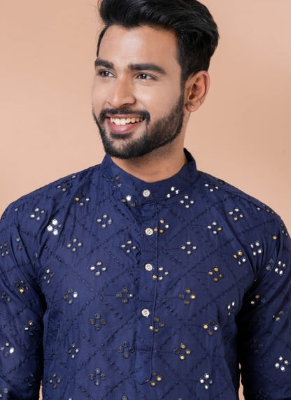 Navy Blue Cotton Men's Kurta Pajama With Mirror & Sequins Work