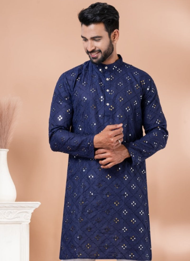 Navy Blue Cotton Men's Kurta Pajama With Mirror & Sequins Work