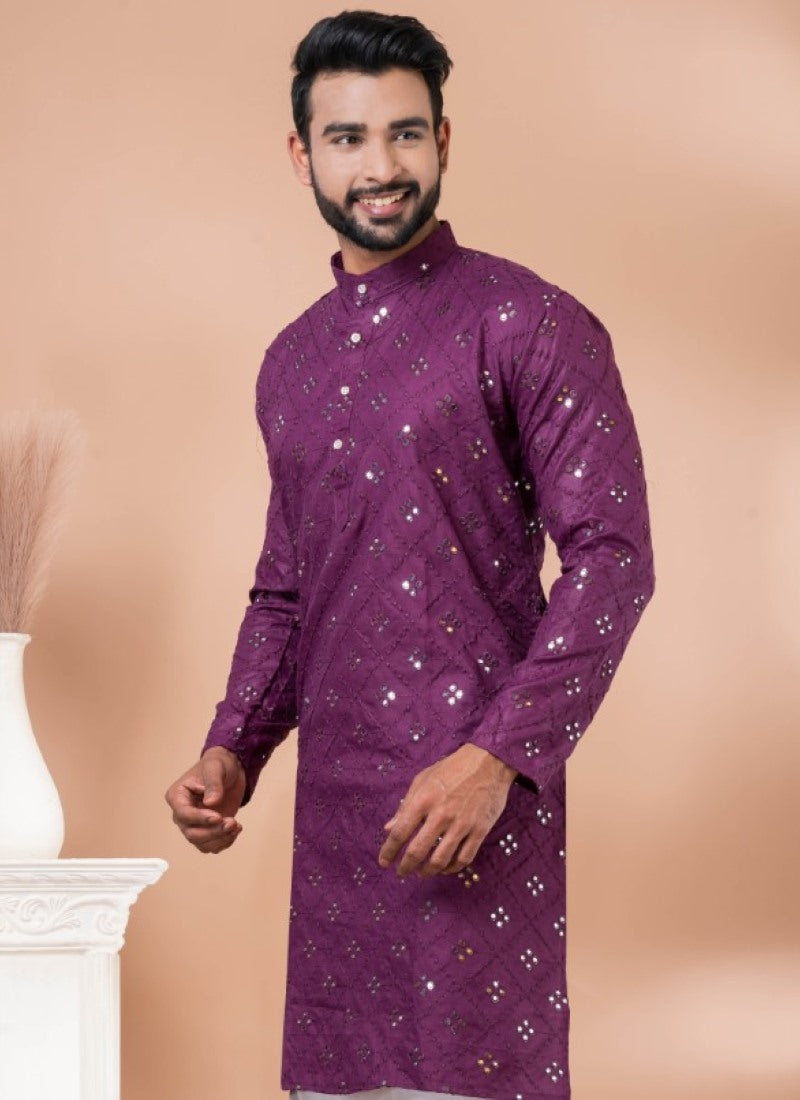 Purple Cotton Men's Kurta Pajama With Mirror & Sequins Work