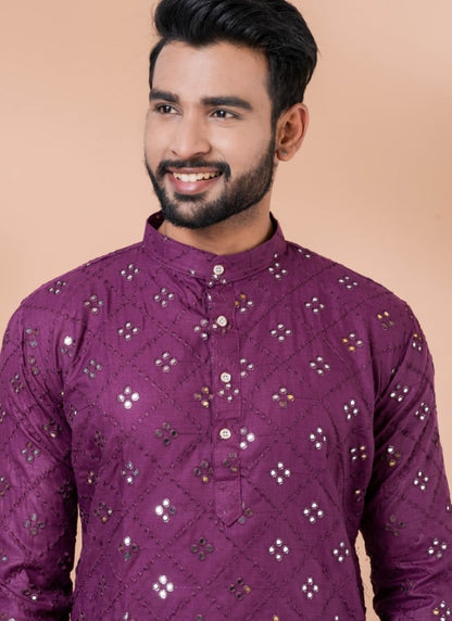 Purple Cotton Men's Kurta Pajama With Mirror & Sequins Work