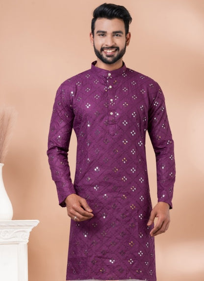 Purple Cotton Men's Kurta Pajama With Mirror & Sequins Work