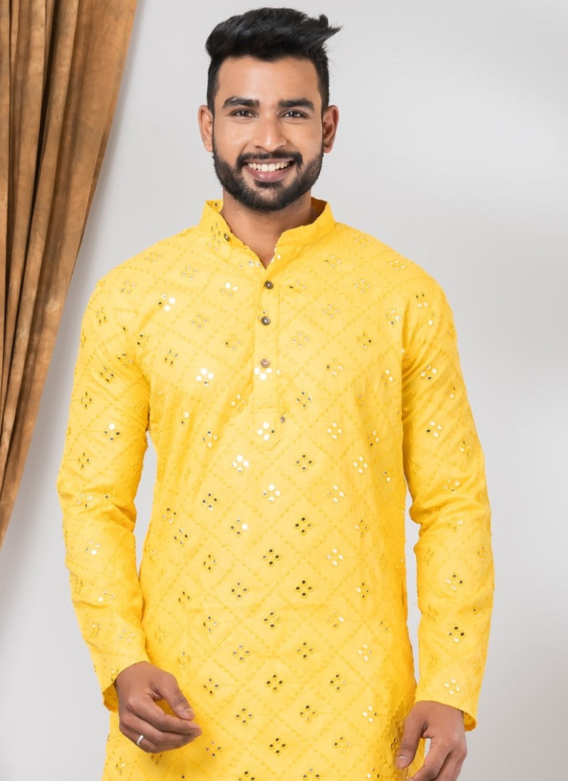 Yellow Cotton Men's Kurta Pajama With Mirror & Sequins Work