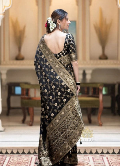 Black Banarasi Silk Saree With Resham Work