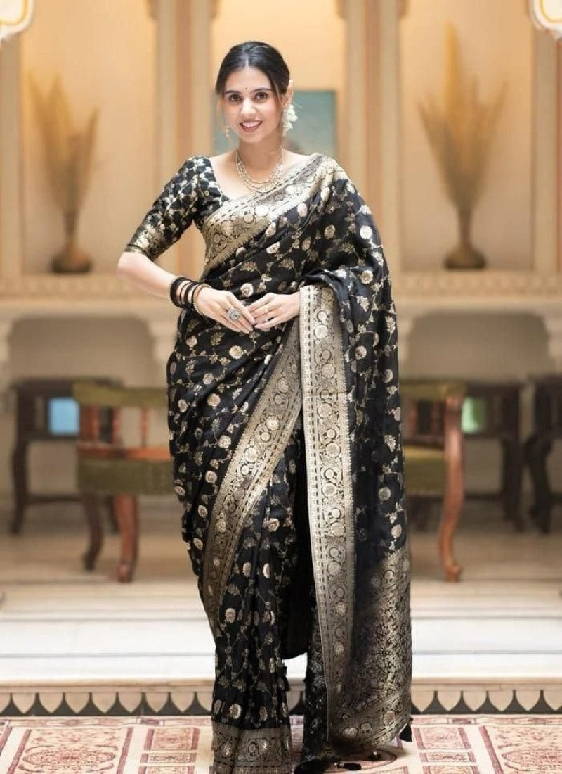 Black Banarasi Silk Saree With Resham Work