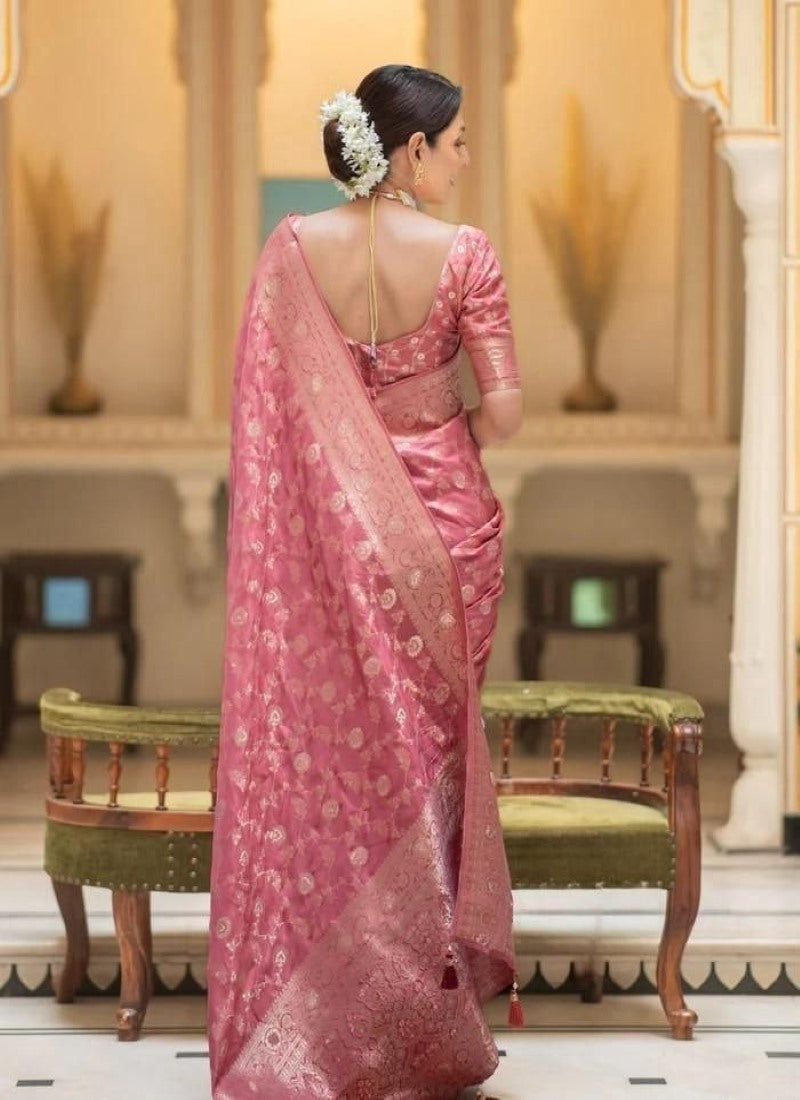 Peach Banarasi Silk Saree With Resham Work