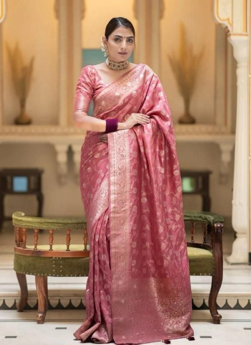 Peach Banarasi Silk Saree With Resham Work