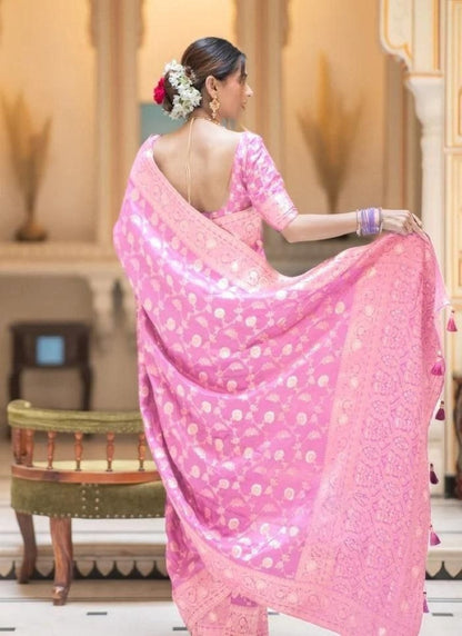 Pink Banarasi Silk Saree With Resham Work