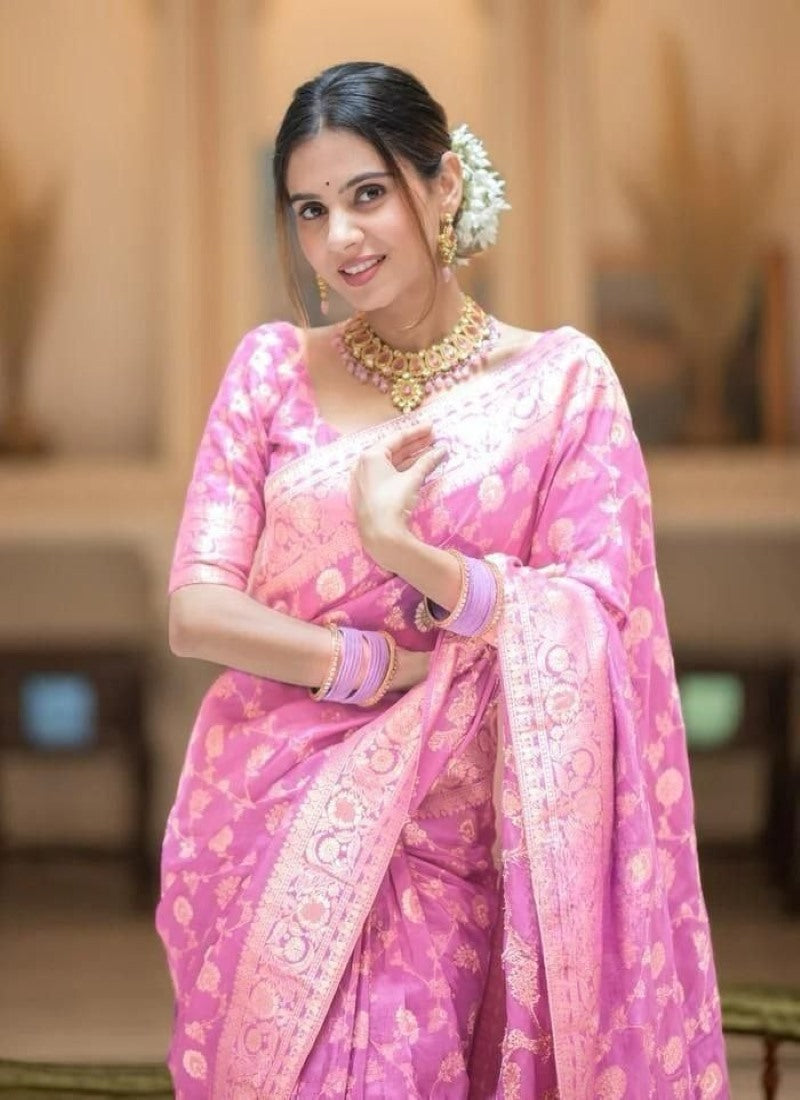 Pink Banarasi Silk Saree With Resham Work