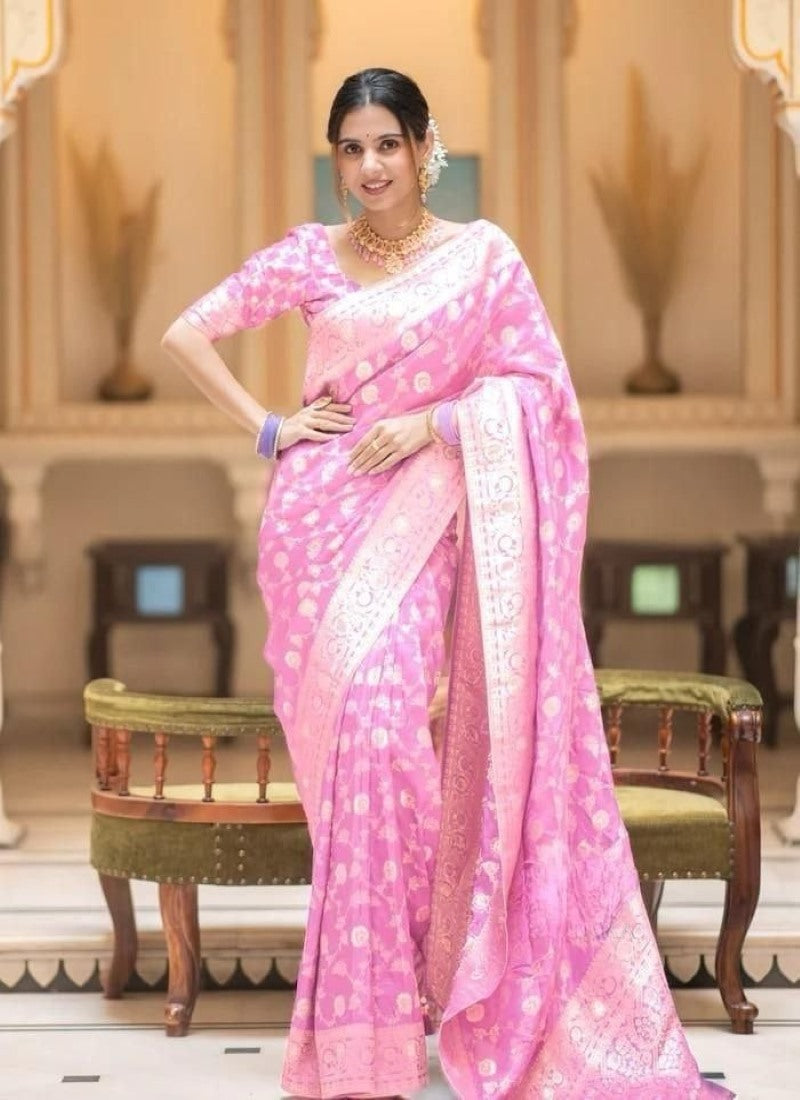 Pink Banarasi Silk Saree With Resham Work