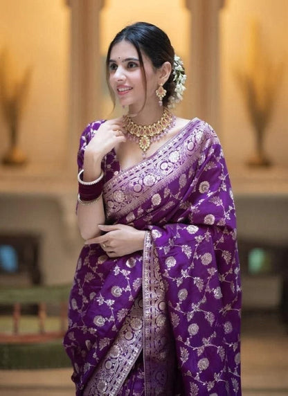 Purple Banarasi Silk Saree With Resham Work