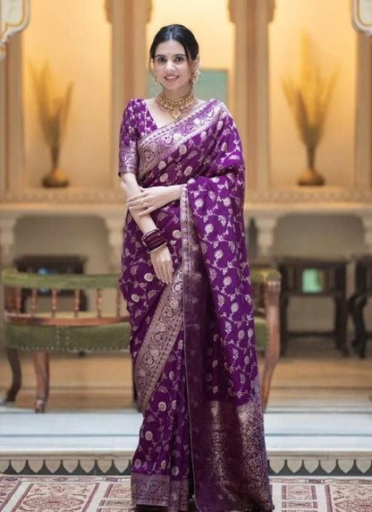 Purple Banarasi Silk Saree With Resham Work