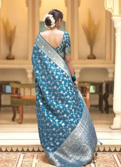 Teal Blue Banarasi Silk Saree With Resham Work