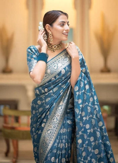 Teal Blue Banarasi Silk Saree With Resham Work