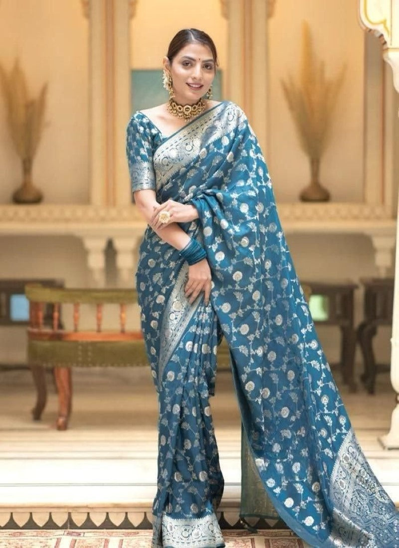 Teal Blue Banarasi Silk Saree With Resham Work