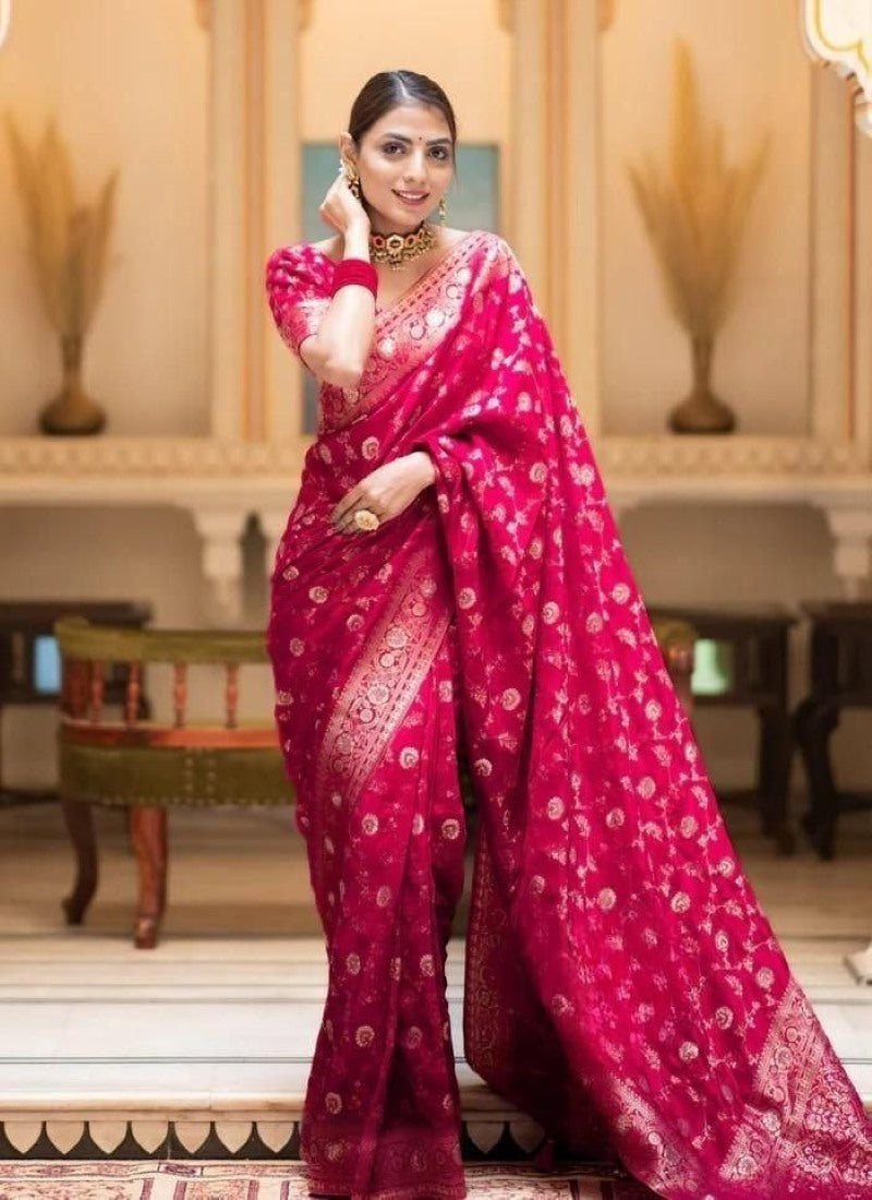 Magenta Banarasi Silk Saree With Resham Work