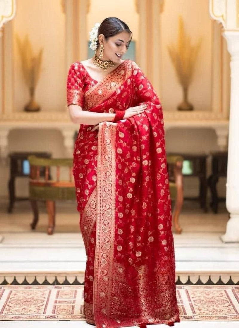 Red Banarasi Silk Saree With Resham Work