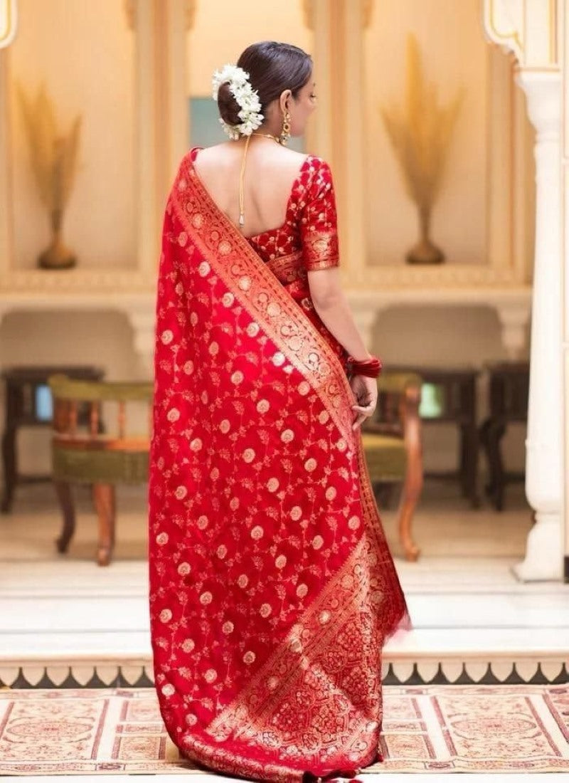 Red Banarasi Silk Saree With Resham Work