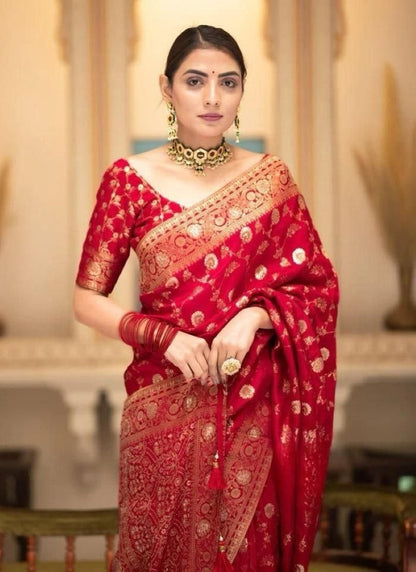 Red Banarasi Silk Saree With Resham Work