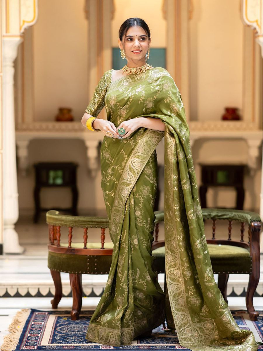 Olive Green Banarasi Silk Saree