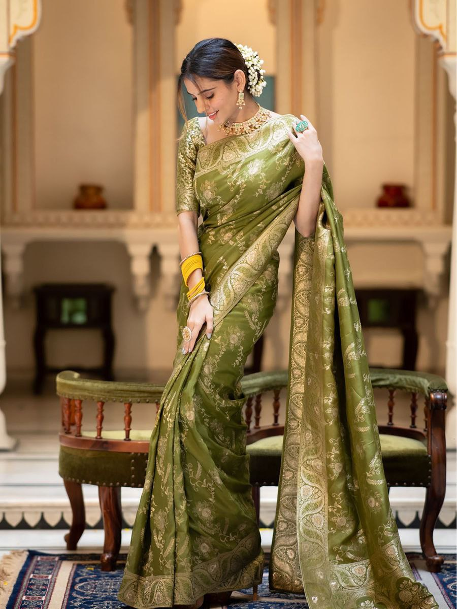 Olive Green Banarasi Silk Saree