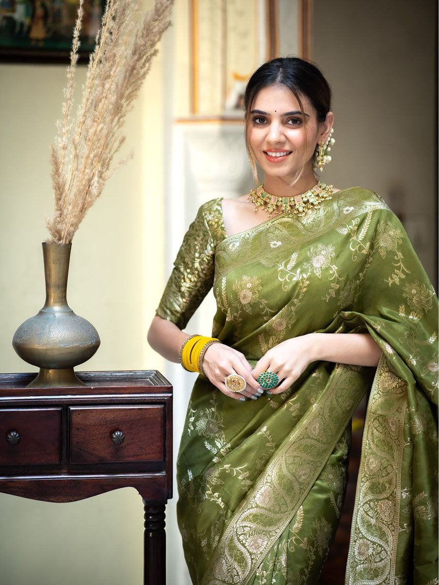 Olive Green Banarasi Silk Saree