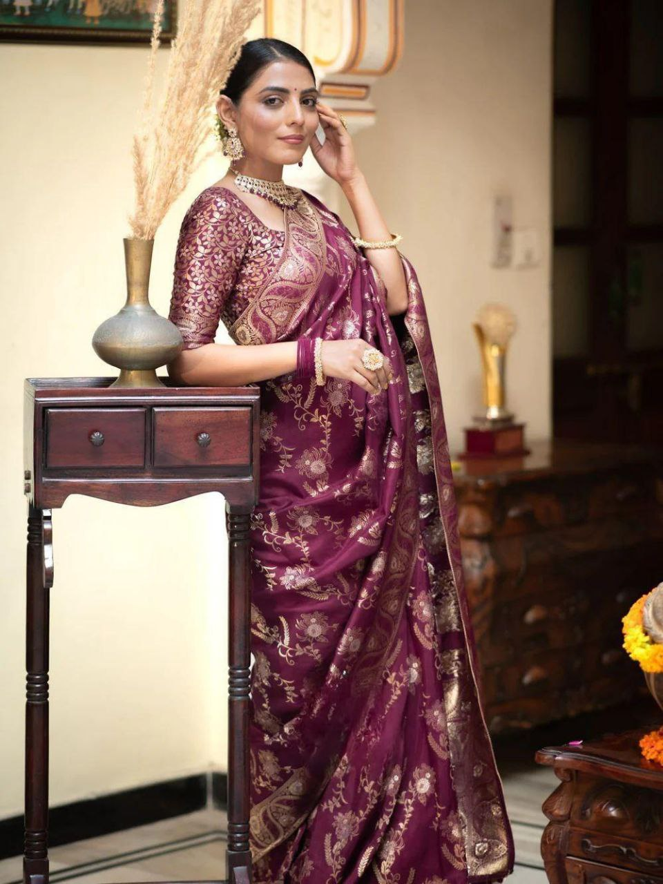 Wine Banarasi Silk Saree